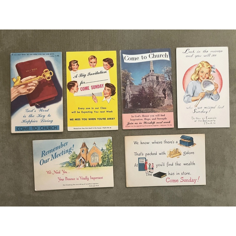 Lot of 6 Vintage Come to Church Invitational Religious Postcards 1970s Unposted